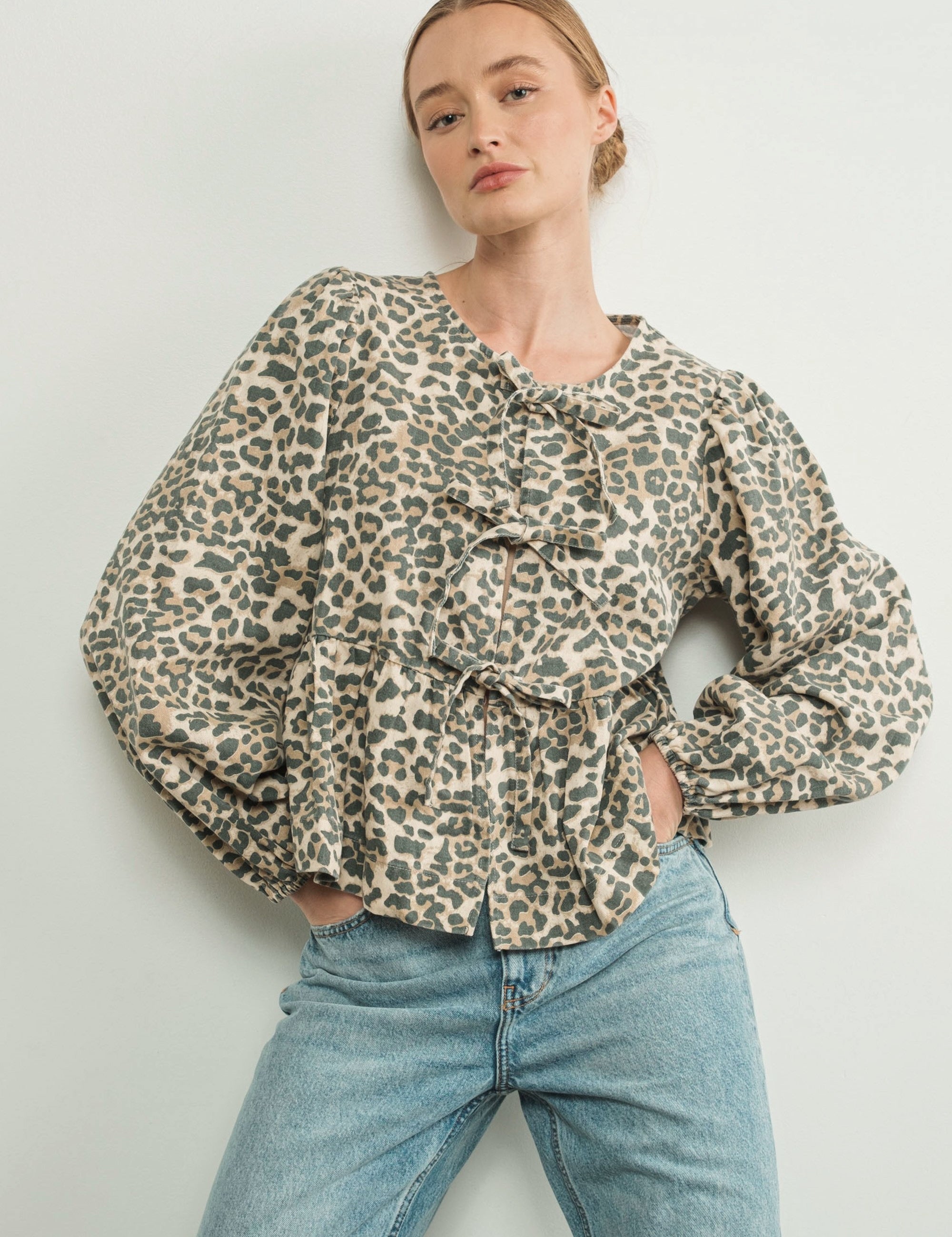 Amara Bow Leopard Denim Blouse - alldeserved.com