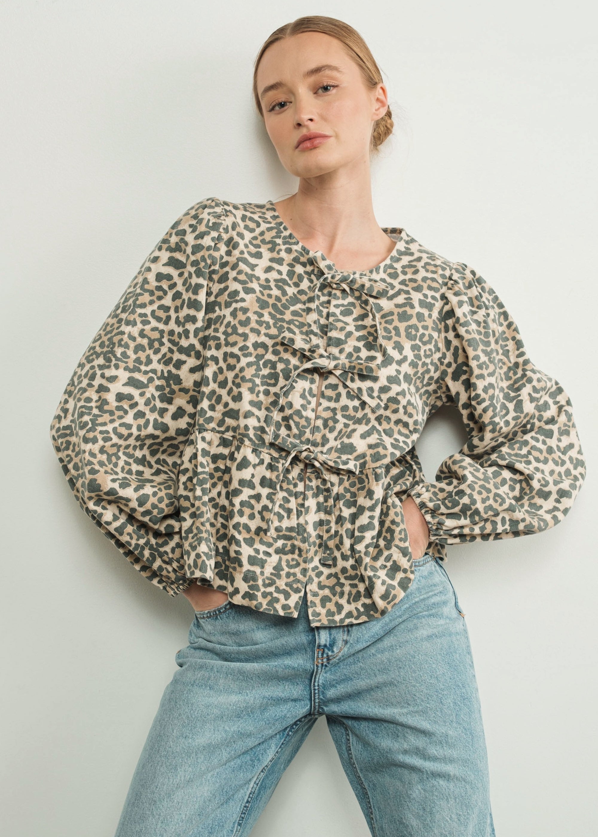 Amara Bow Leopard Denim Blouse - alldeserved.com
