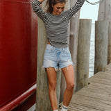 Ayla Crossover Waist Raw Hem Denim Shorts – Light Wash – FINAL SALE