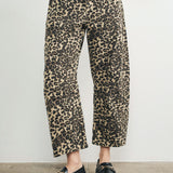 Woman wearing Good Luck Barrel Jeans in Leopard - front view