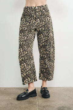 Woman wearing Good Luck Barrel Jeans in Leopard - front view