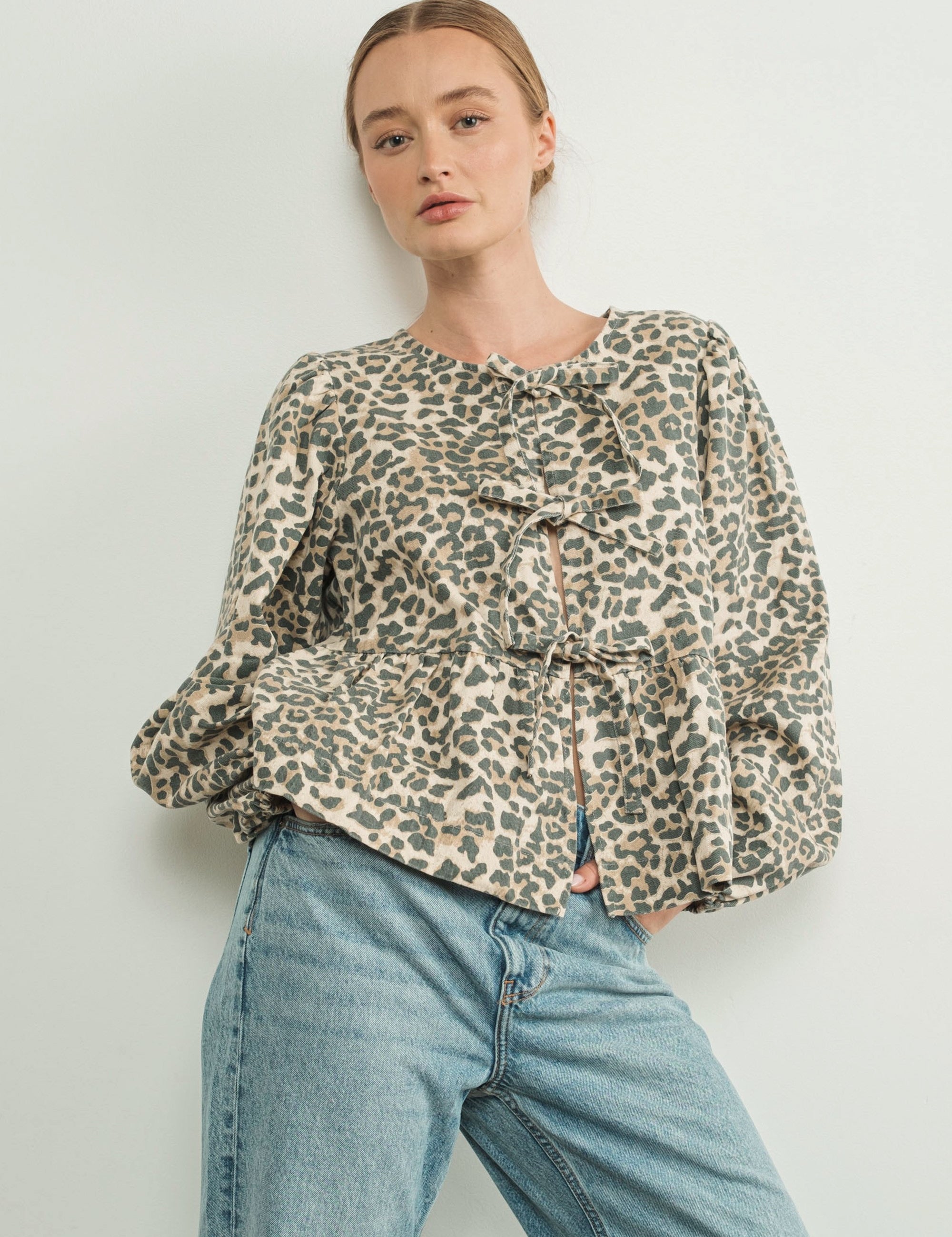 Amara Bow Leopard Denim Blouse - alldeserved.com