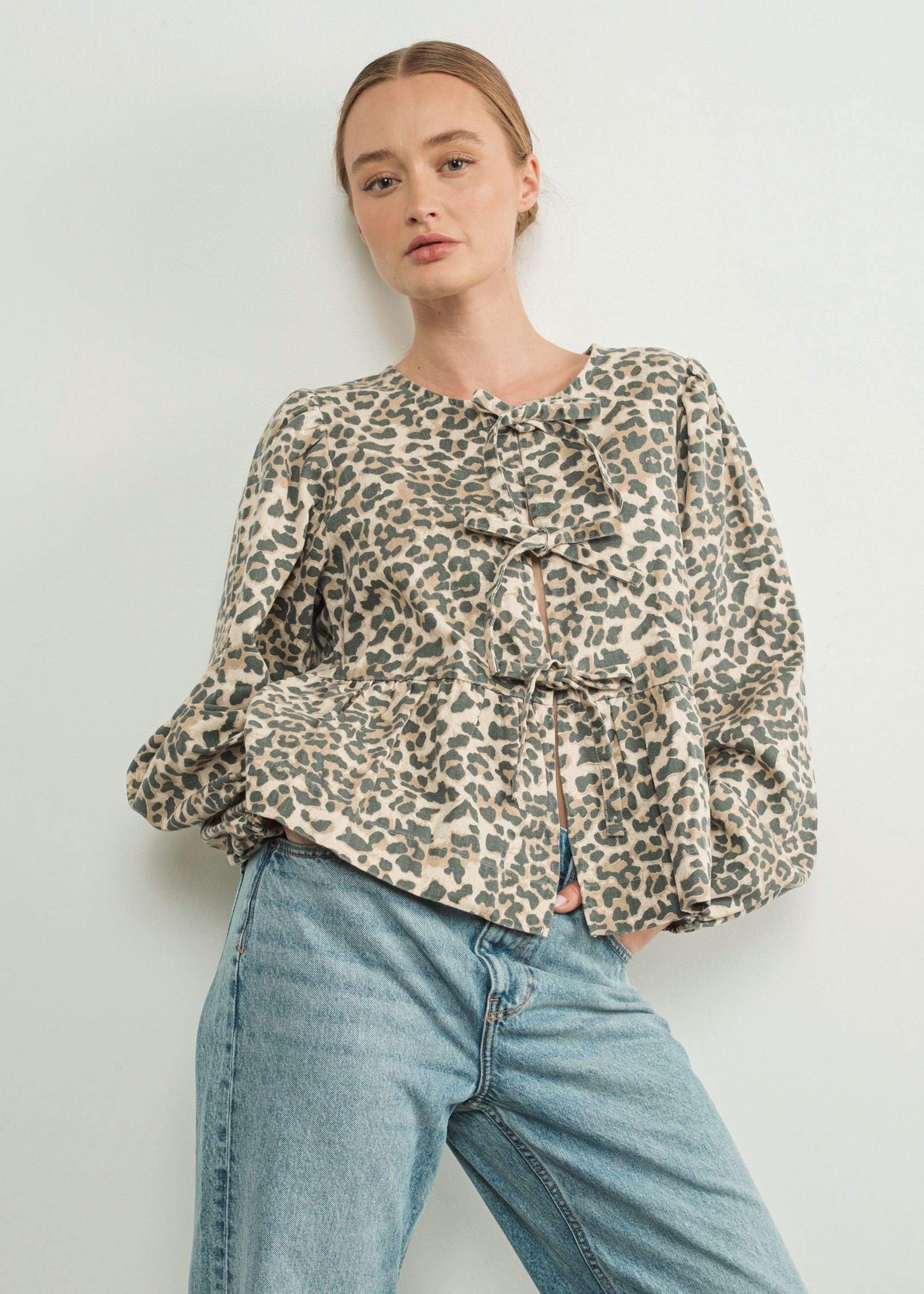Amara Bow Leopard Denim Blouse - alldeserved.com