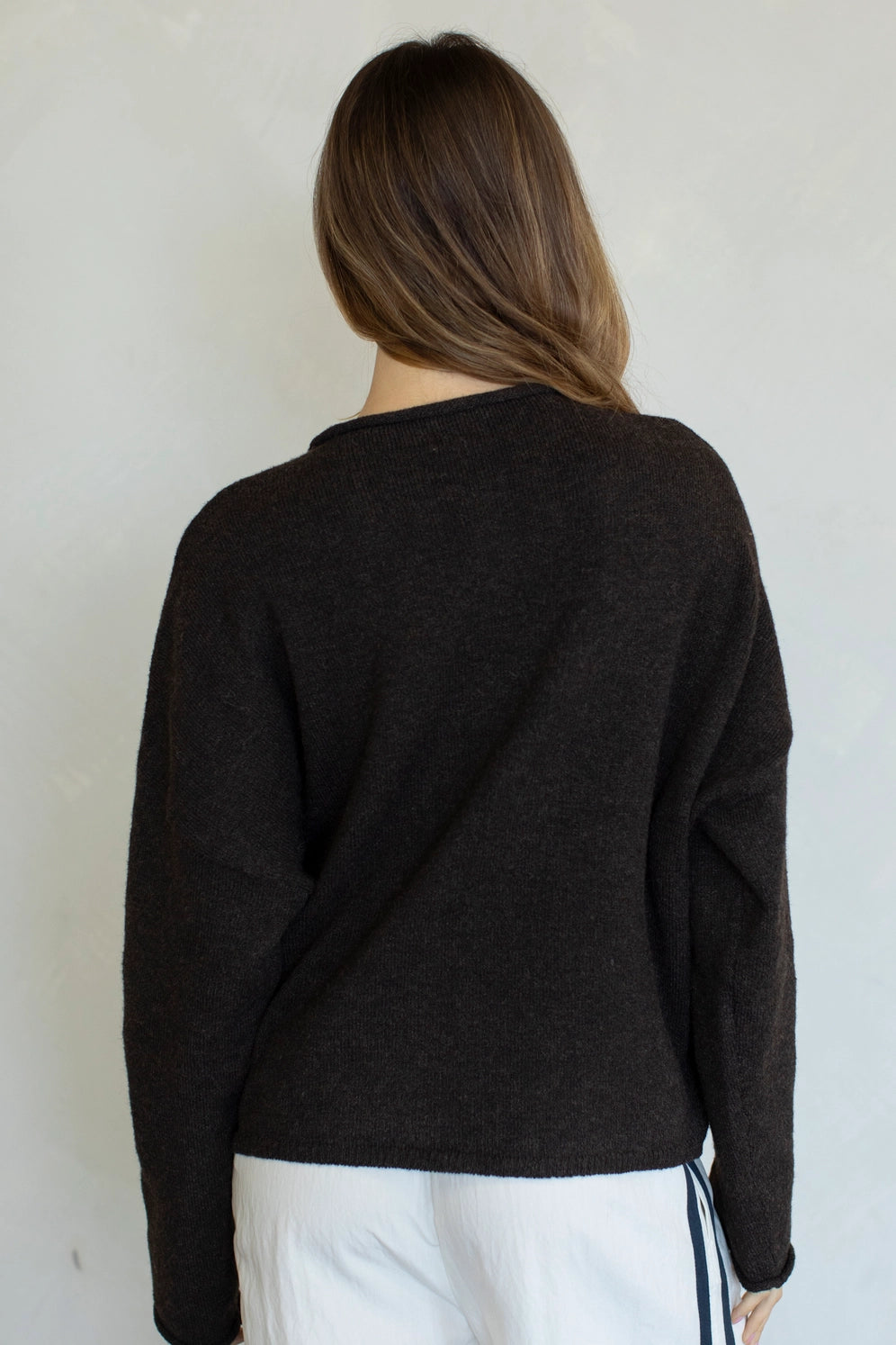 Hailey Button Down Cardigan in Chocolate back view, cozy chocolate brown cardigan with simple everyday silhouette