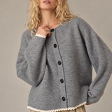 Lace-Trim Bandana Scarf Cardigan – Heather Grey
