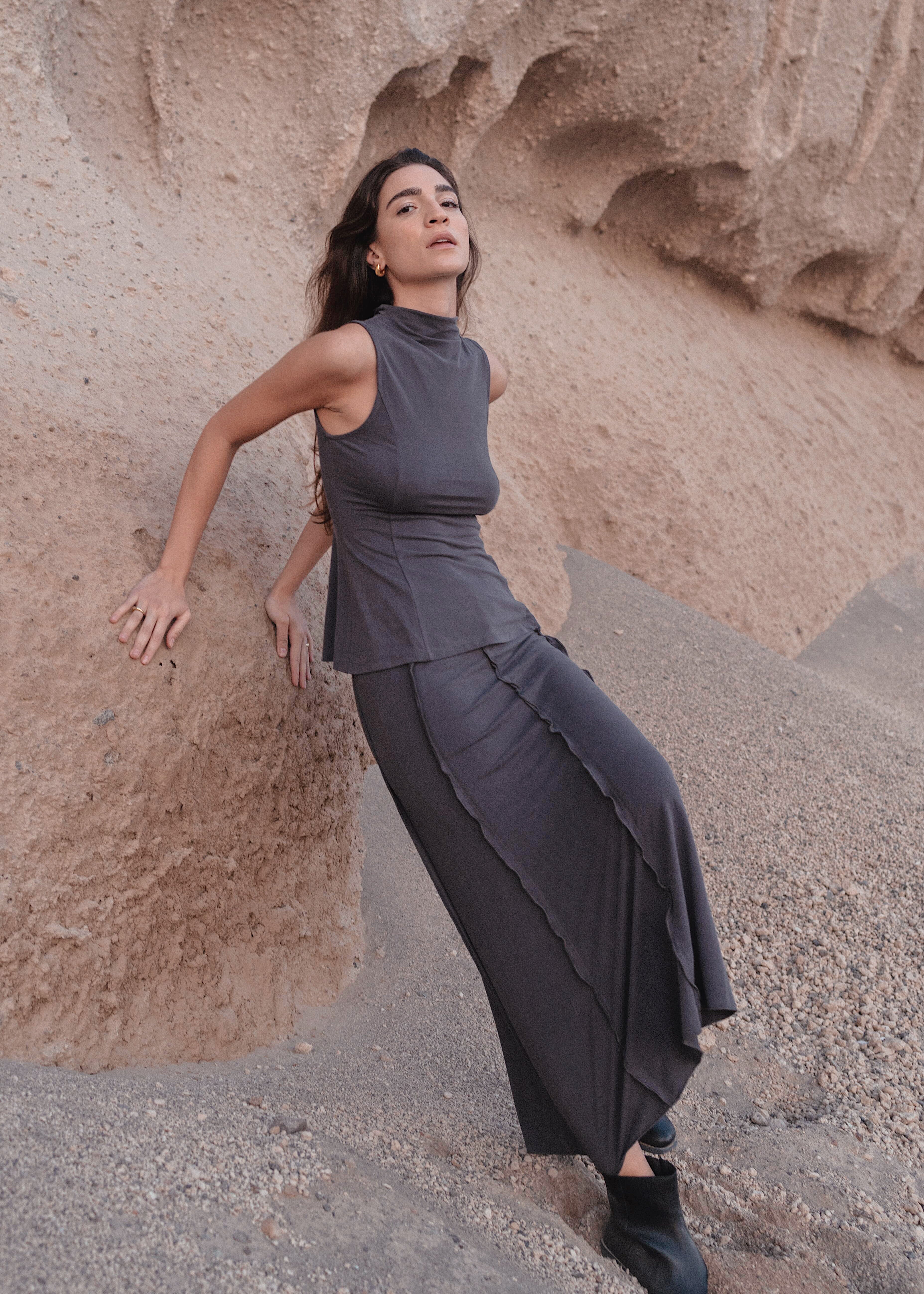 Charcoal Comfy Stretch Midi Skirt - alldeserved.com