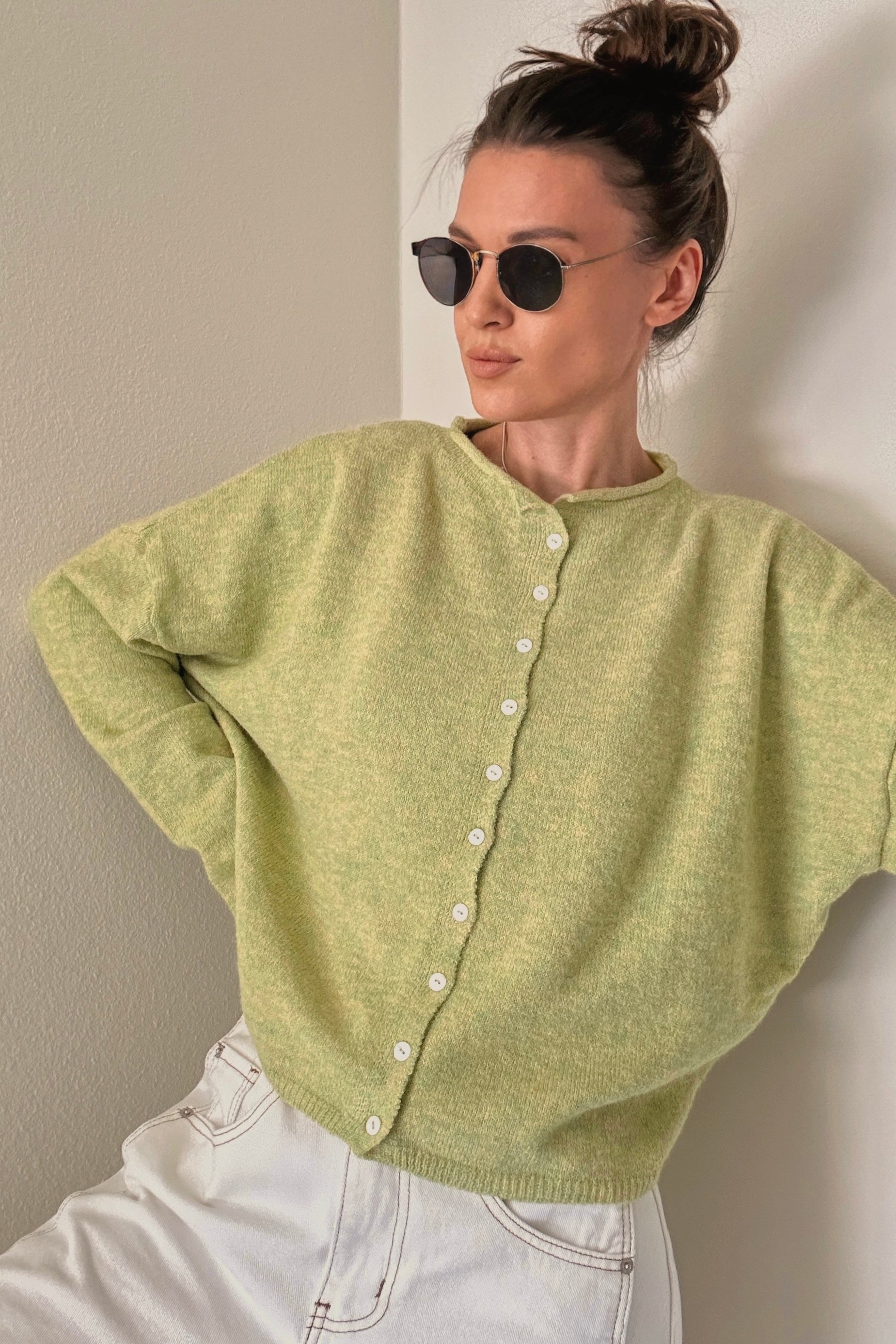 Hailey Button Down Cardigan (Piper Cardigan) in Lemongrass – relaxed fit on model