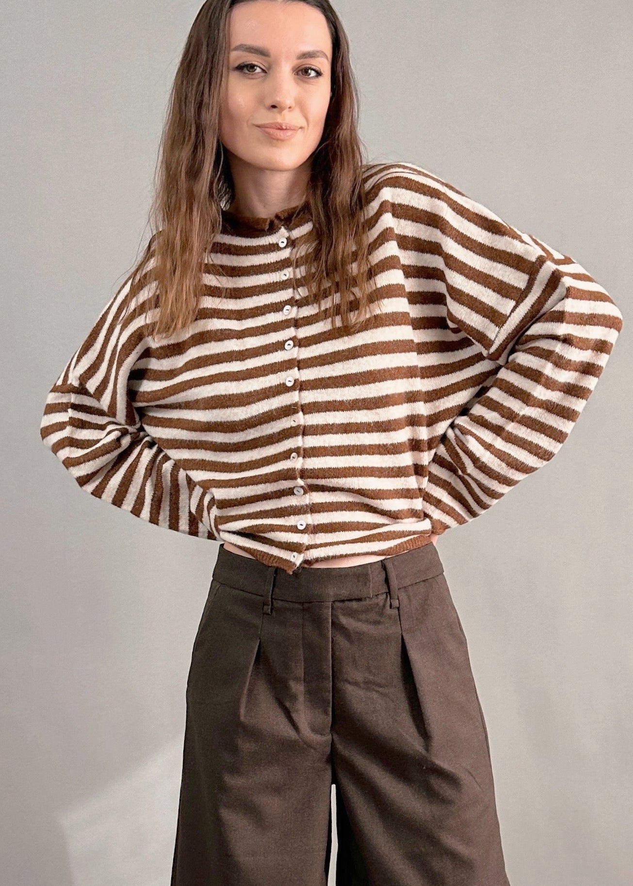 Things Between Piper Cardigan Striped Ivory Brown - front lifestyle view