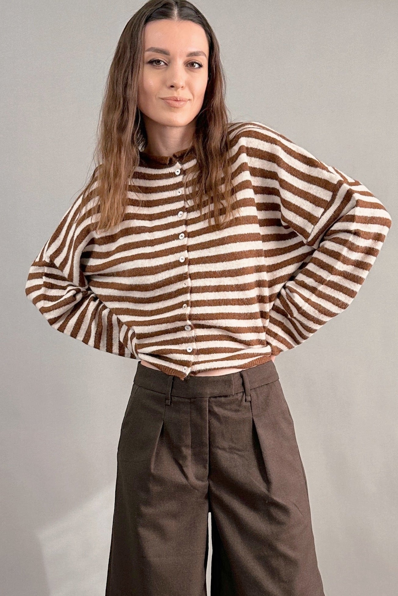 Things Between Piper Cardigan Striped Ivory Brown - front lifestyle view