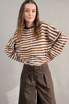 Things Between Piper Cardigan Striped Ivory Brown - front lifestyle view
