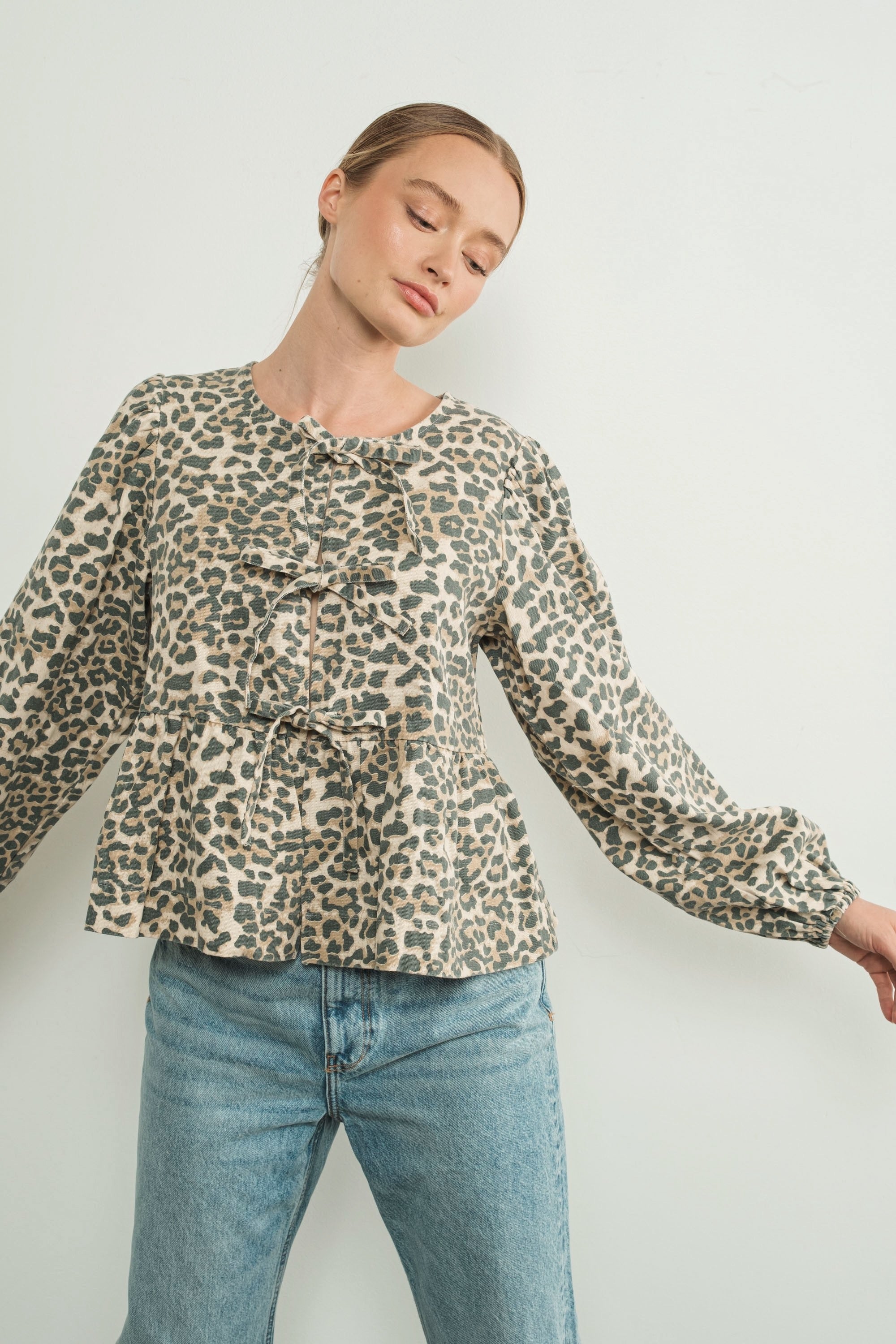 Amara Bow Leopard Denim Blouse - alldeserved.com