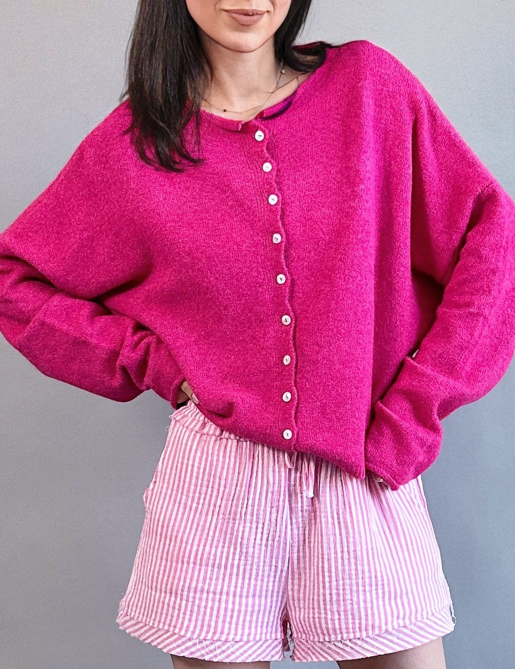 Hailey Button Down Cardigan - Fuchsia