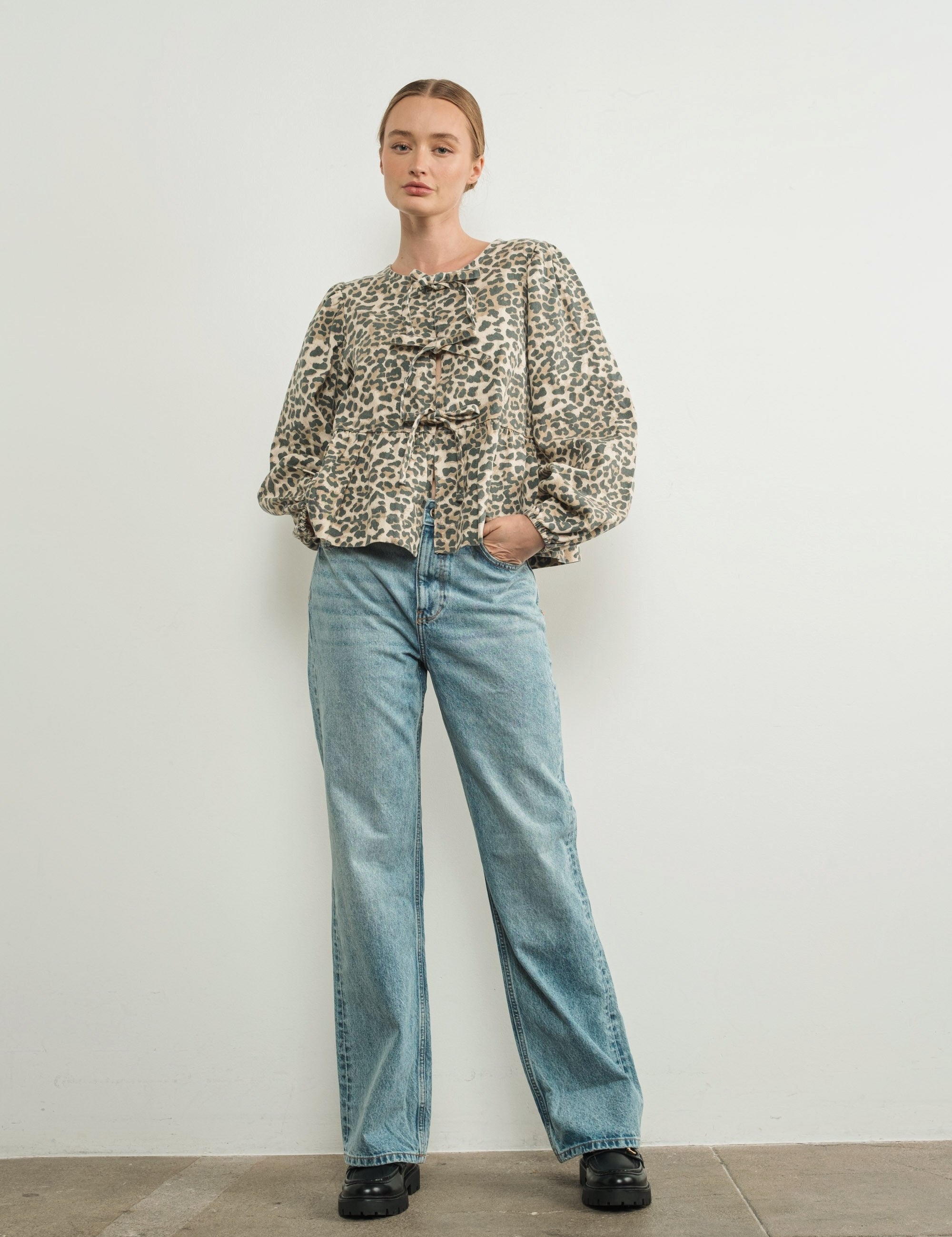 Amara Bow Leopard Denim Blouse - alldeserved.com