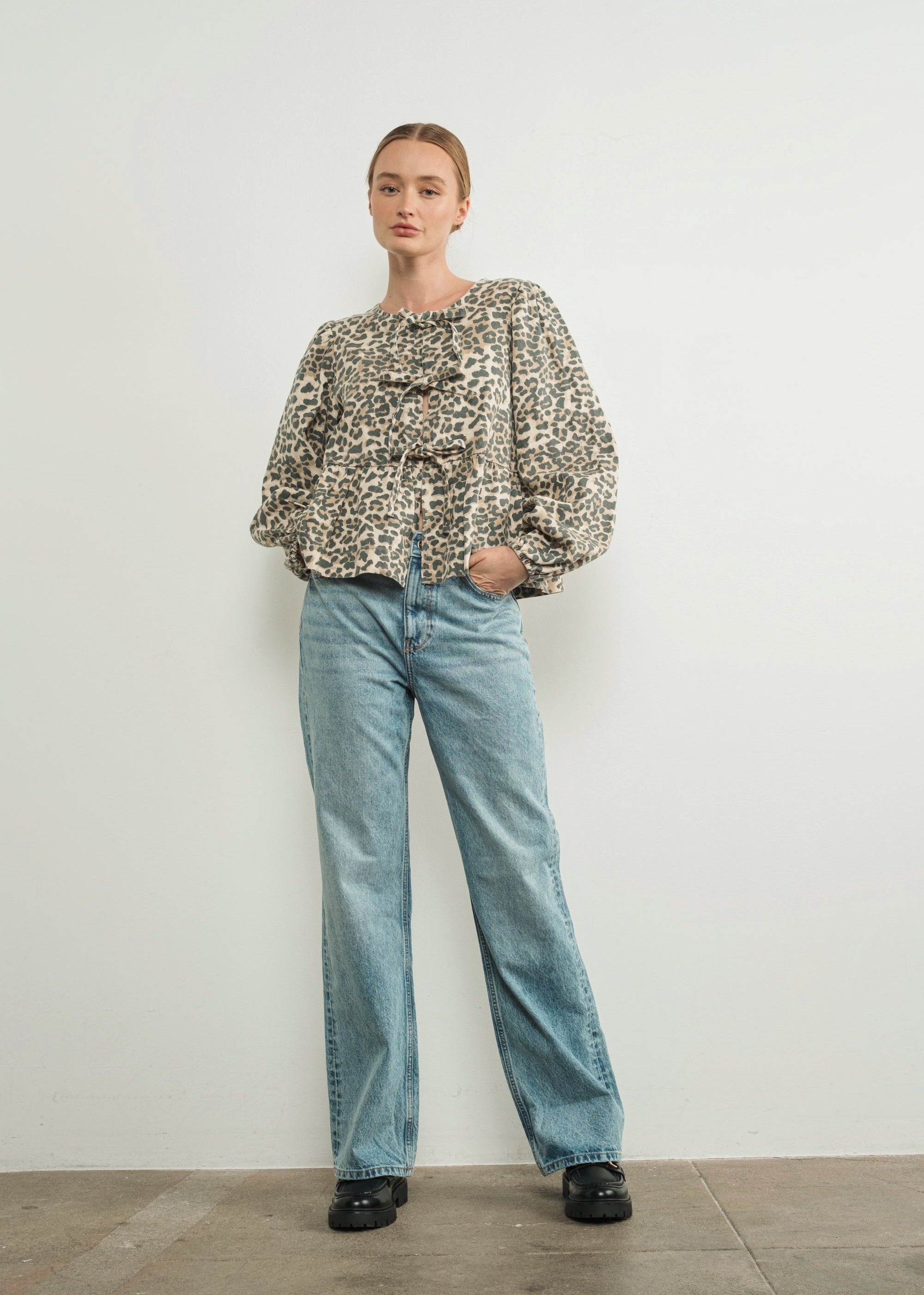 Amara Bow Leopard Denim Blouse - alldeserved.com