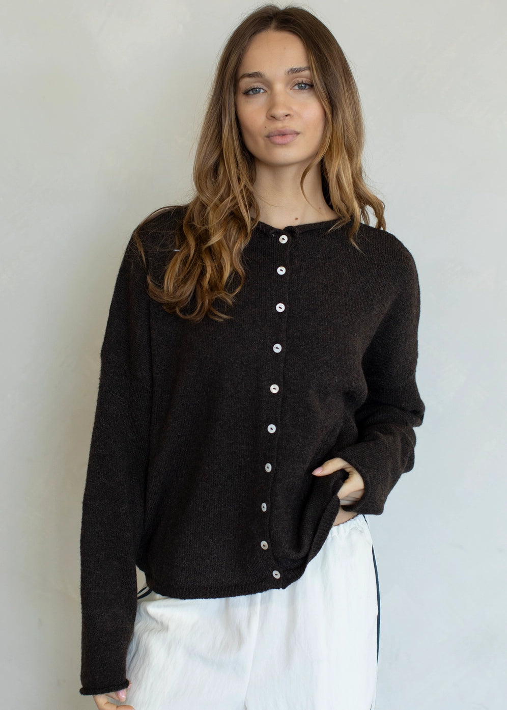 Things Between Piper Cardigan Chocolate - front view