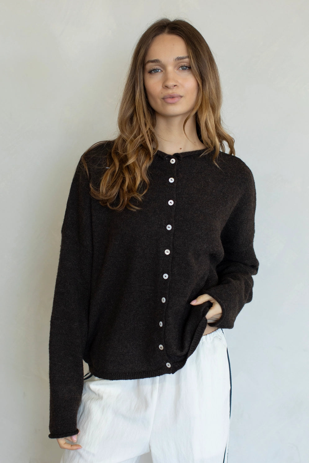 Hailey Button Down Cardigan in Chocolate front view, soft everyday knit cardigan with button closure