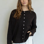 Hailey Button Down Cardigan in Chocolate front view, soft everyday knit cardigan with button closure