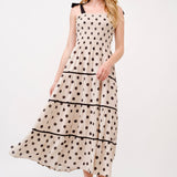 Aston Beige Polka Dot Smocked Bodice Midi Dress - alldeserved.com
