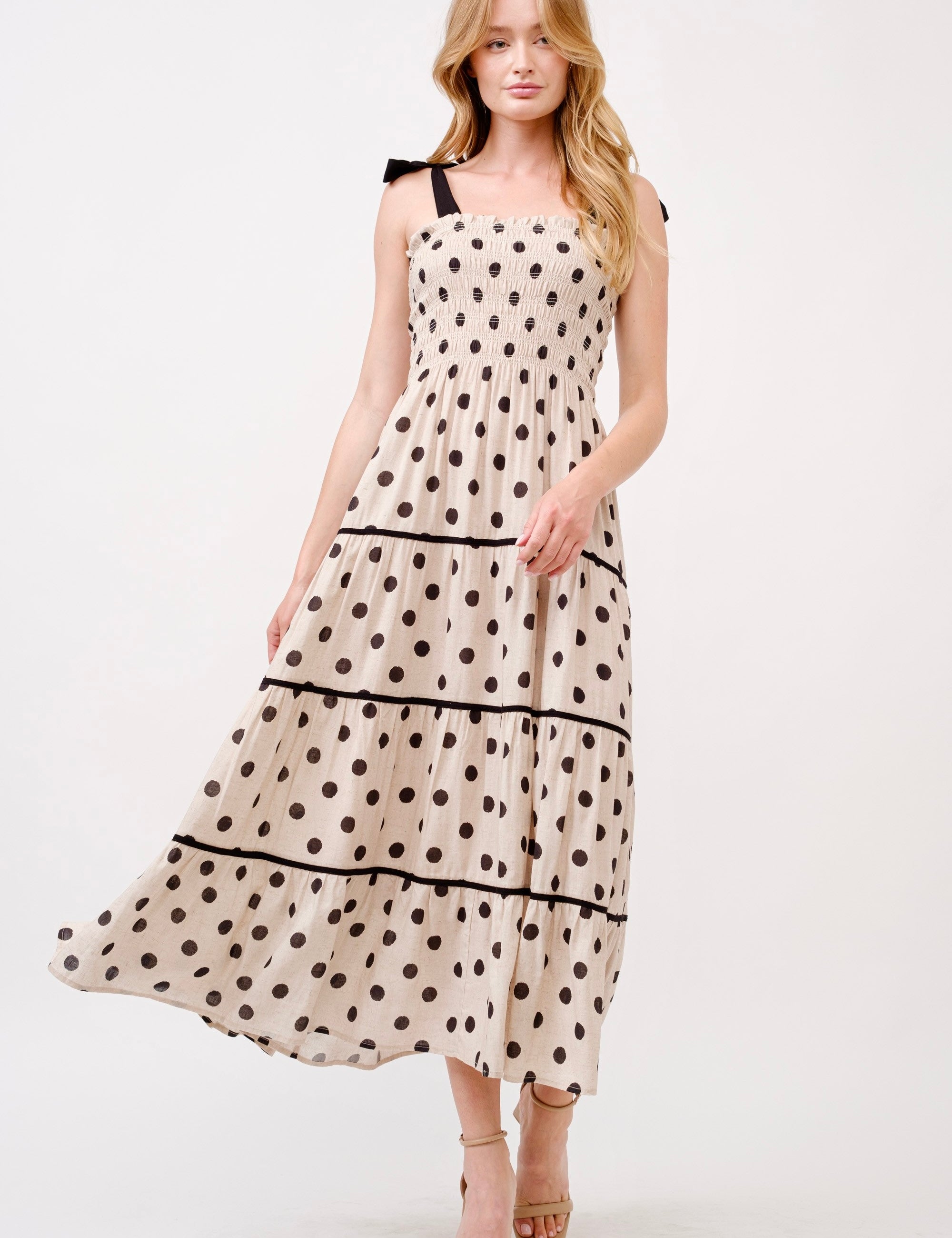 Aston Beige Polka Dot Smocked Bodice Midi Dress - alldeserved.com