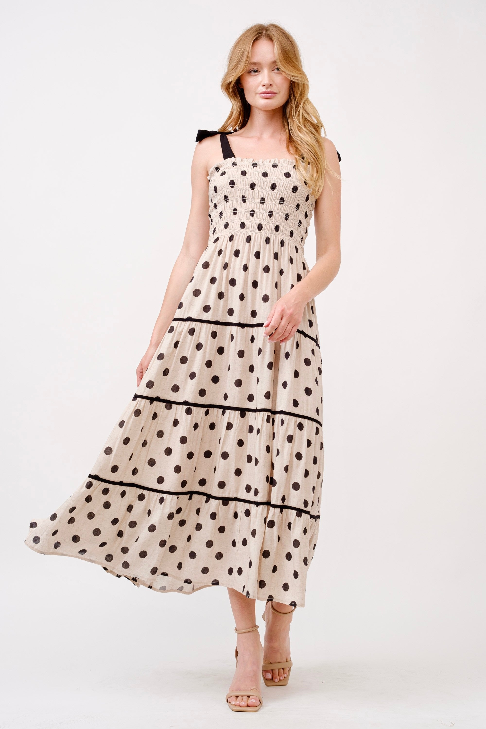 Aston Beige Polka Dot Smocked Bodice Midi Dress - alldeserved.com