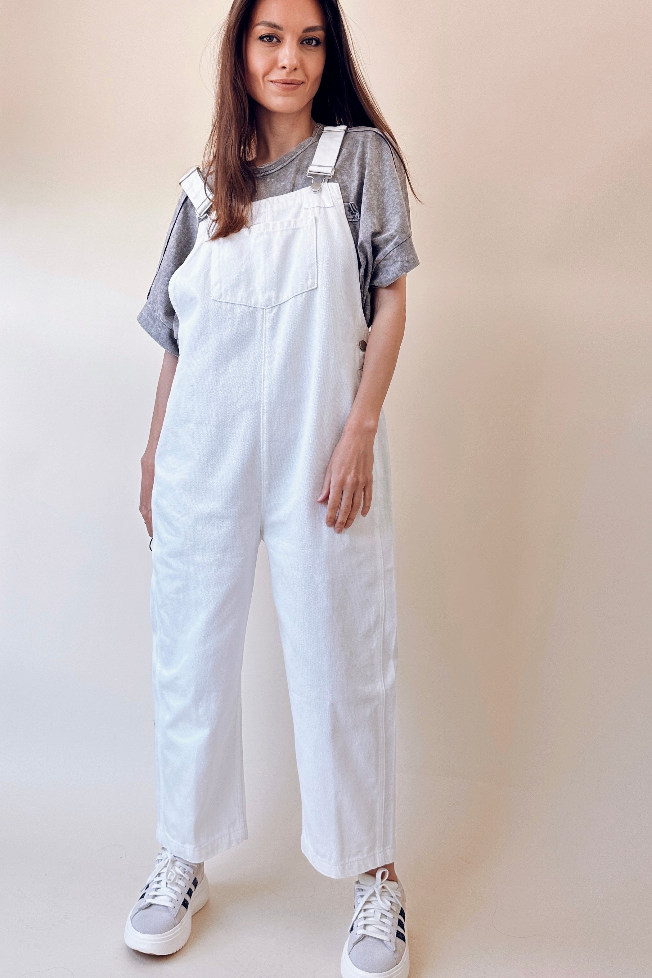 Good Luck Denim Barrel Overalls - White