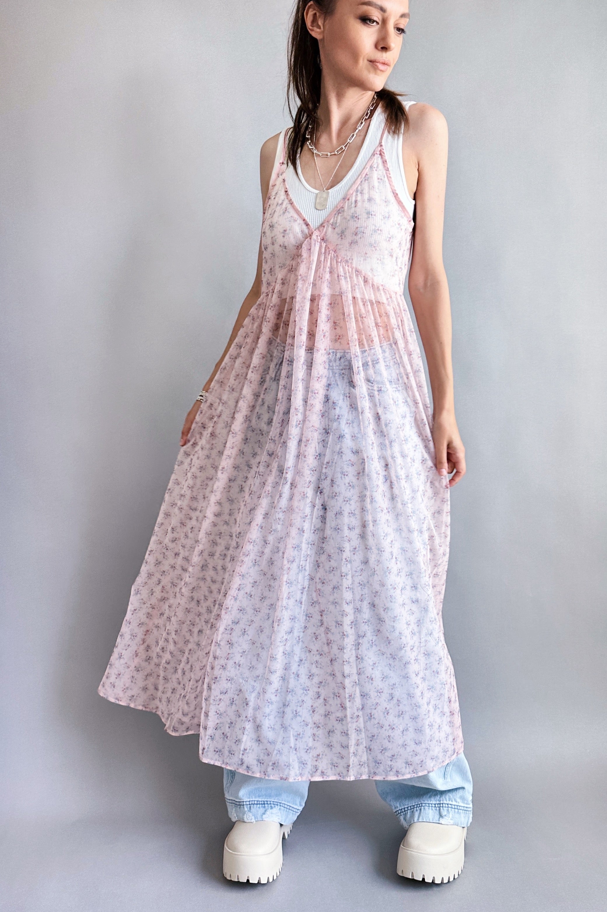 Sheer Floral Overlay Maxi Dress – Dusty Pink