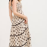 Aston Beige Polka Dot Smocked Bodice Midi Dress - alldeserved.com