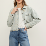 Distressed Hem Striped Denim Jacket - Sand Wash
