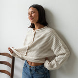 Hailey Button Down Cardigan - Cream mini striped