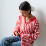Hailey Button Down Cardigan - Red mini striped