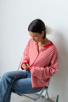 Hailey Button Down Cardigan - Red mini striped