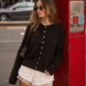 Lifestyle: Hailey Button Down Cardigan in Chocolate worn in a lifestyle outfit, soft lightweight cardigan styled for an everyday look