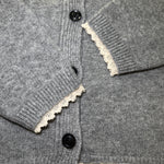 Close-up of the grey knit cardigan showing the lace-edged scarf and black front buttons