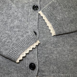 Close-up of the grey knit cardigan showing the lace-edged scarf and black front buttons