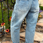 Lifestyle image of Good Luck Barrel Jeans in Washed Denim - back view