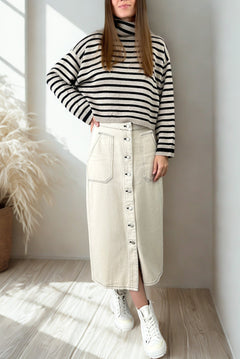 Button-Front Pencil Denim Skirt - Beige