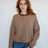 Hailey Button Down Cardigan - Brown mini striped