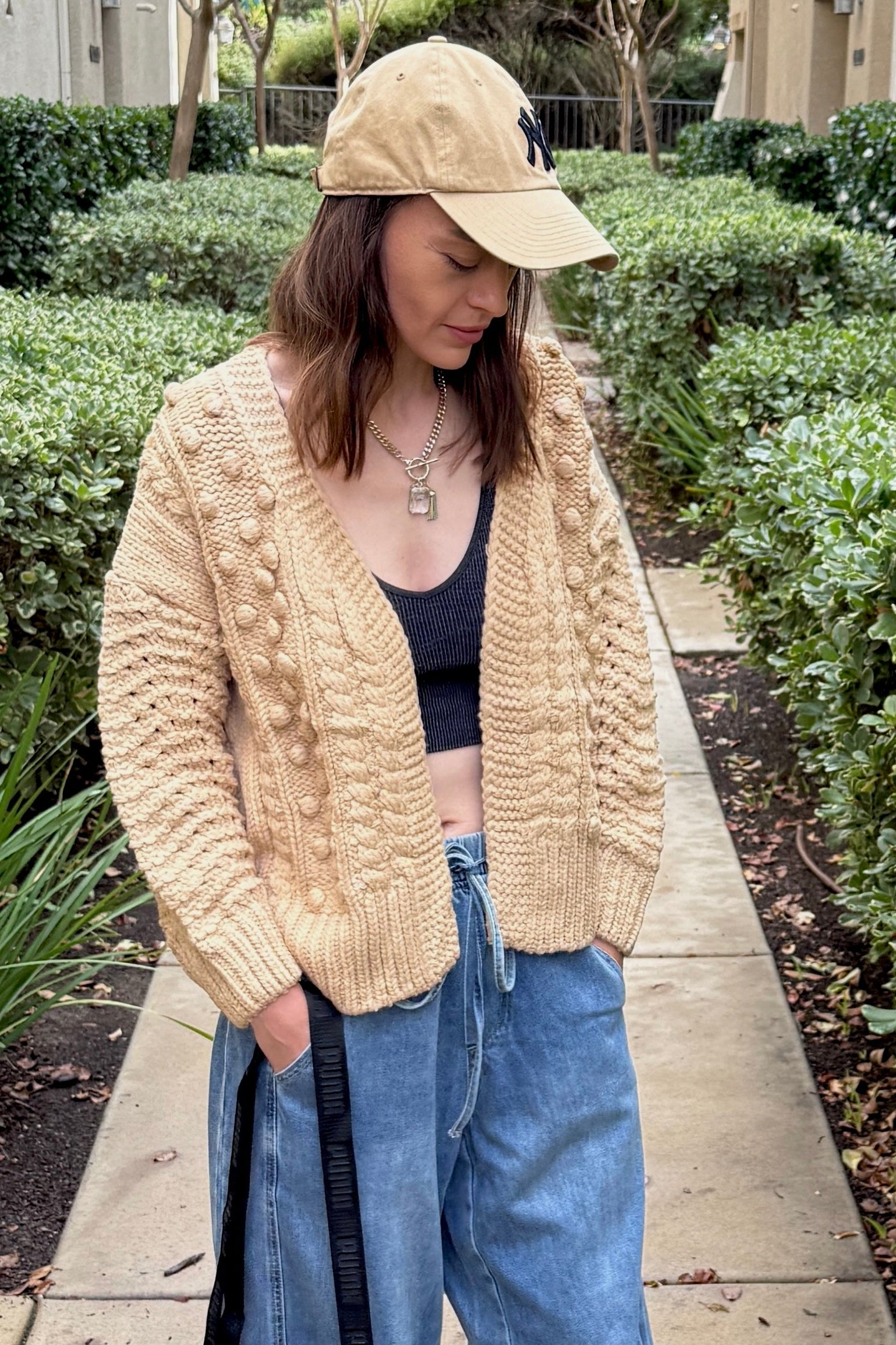 Popcorn Stitch Chunky Knit Cardigan in Camel – front outfit view