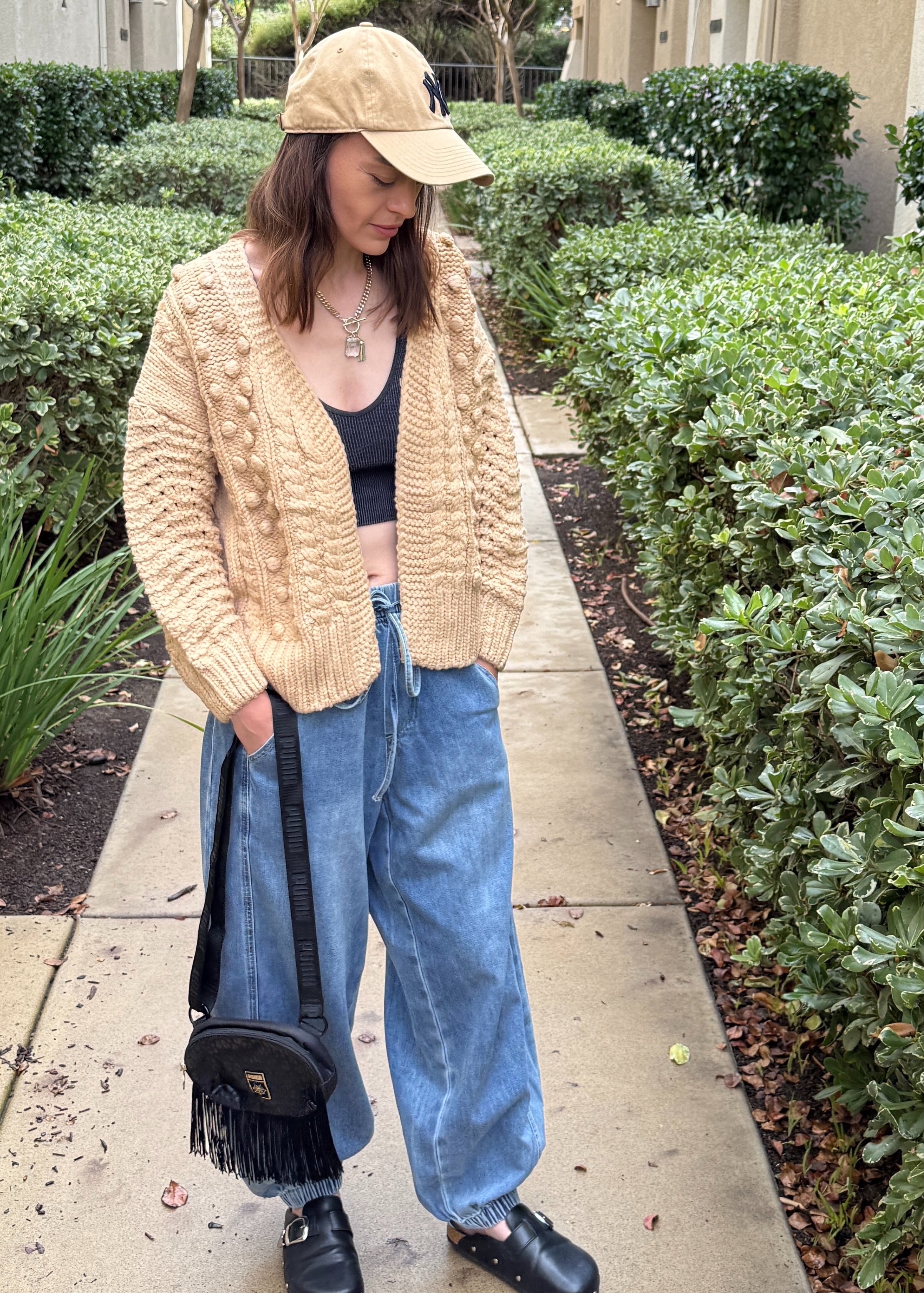 Popcorn Stitch Chunky Knit Cardigan in Camel – front full-length view