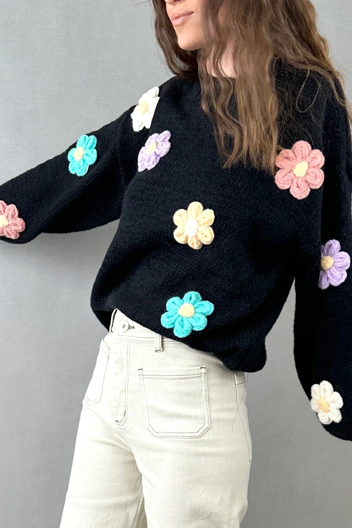 3D Floral Sweater (Black)