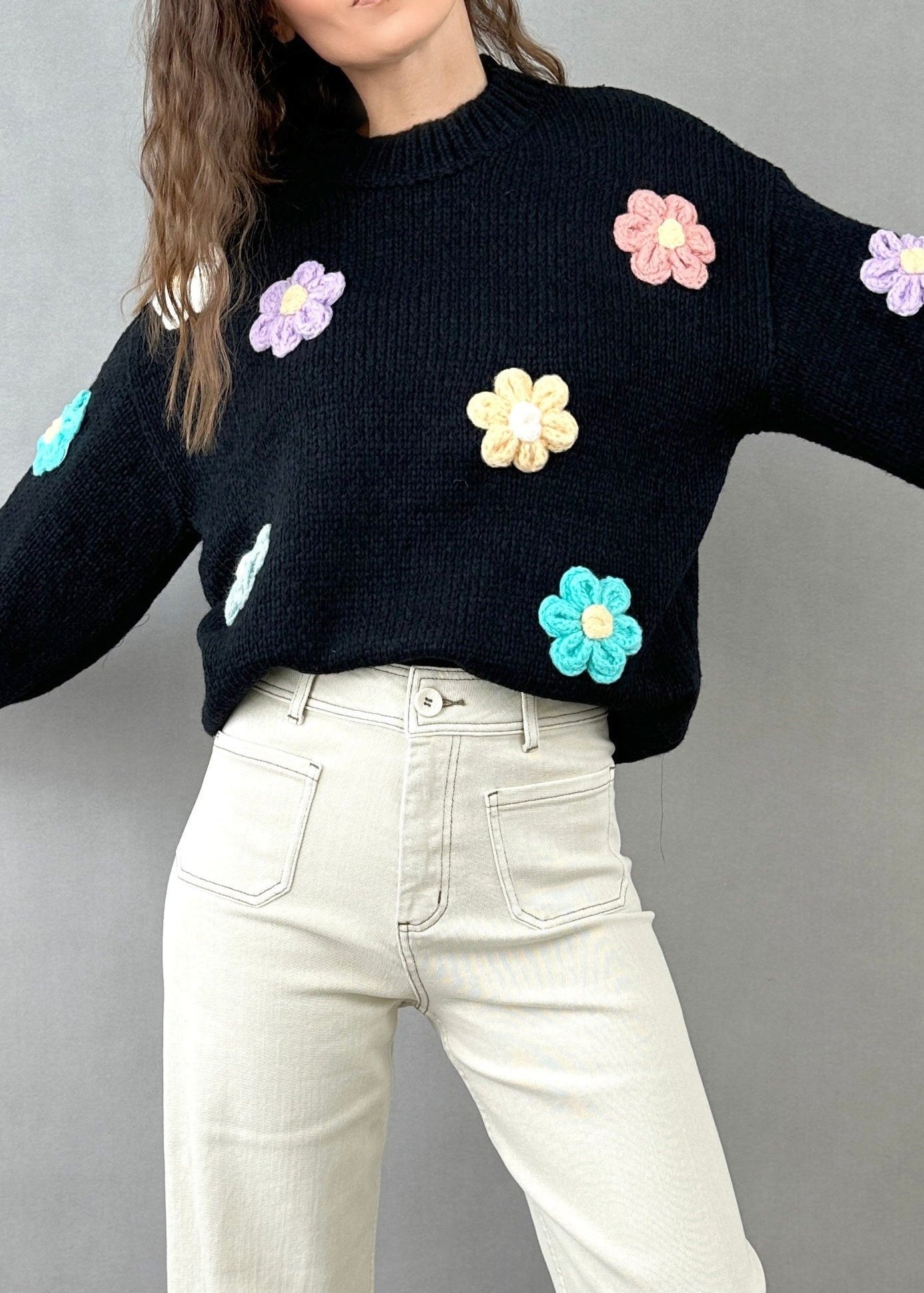 3D Floral Sweater (Black)