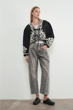 Model is wearing Good Luck Barrel Jeans in  Grey - full outfit - front view