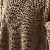 Close-up of a brown knitted sweater with a textured pattern.
