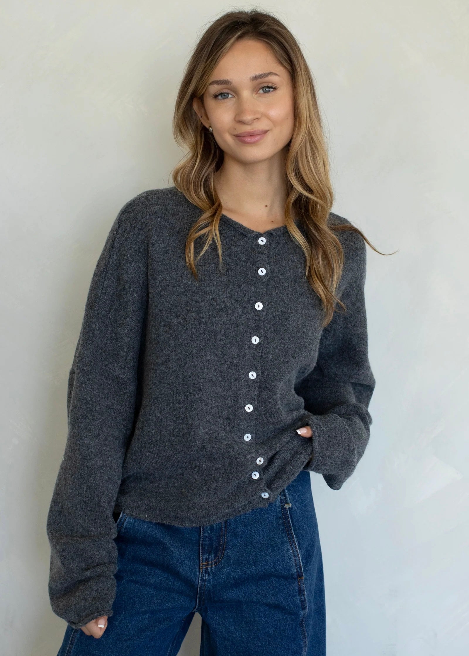 Things Between Piper Cardigan Charcoal - front view