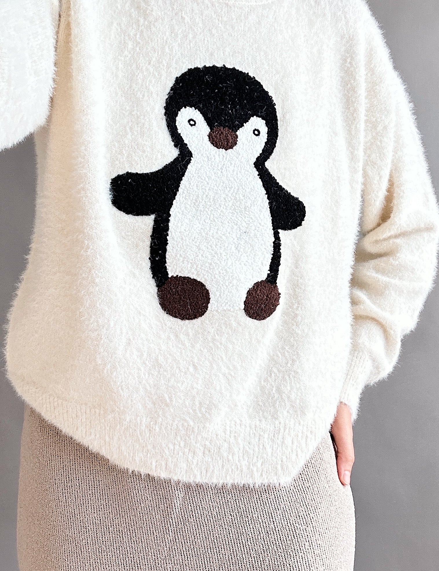 Penguin Embroidered Fluffy Sweater - alldeserved.com