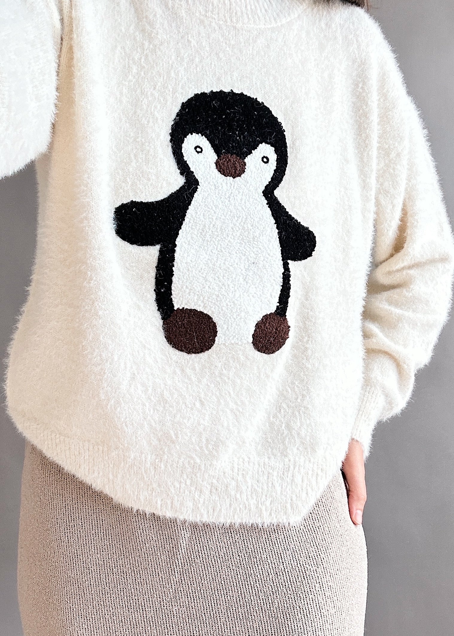 Penguin Embroidered Fluffy Sweater - alldeserved.com