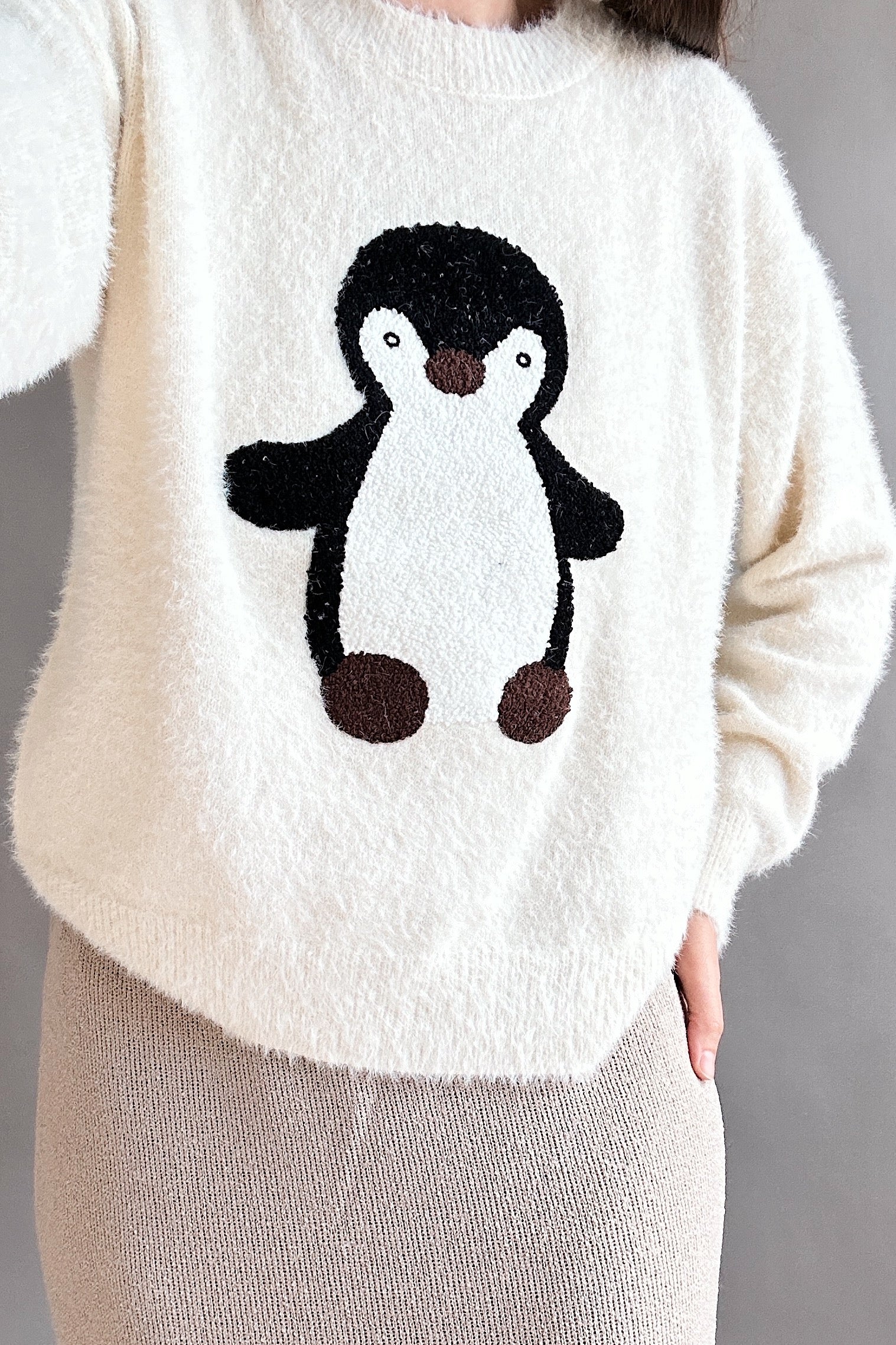 Penguin Embroidered Fluffy Sweater - alldeserved.com