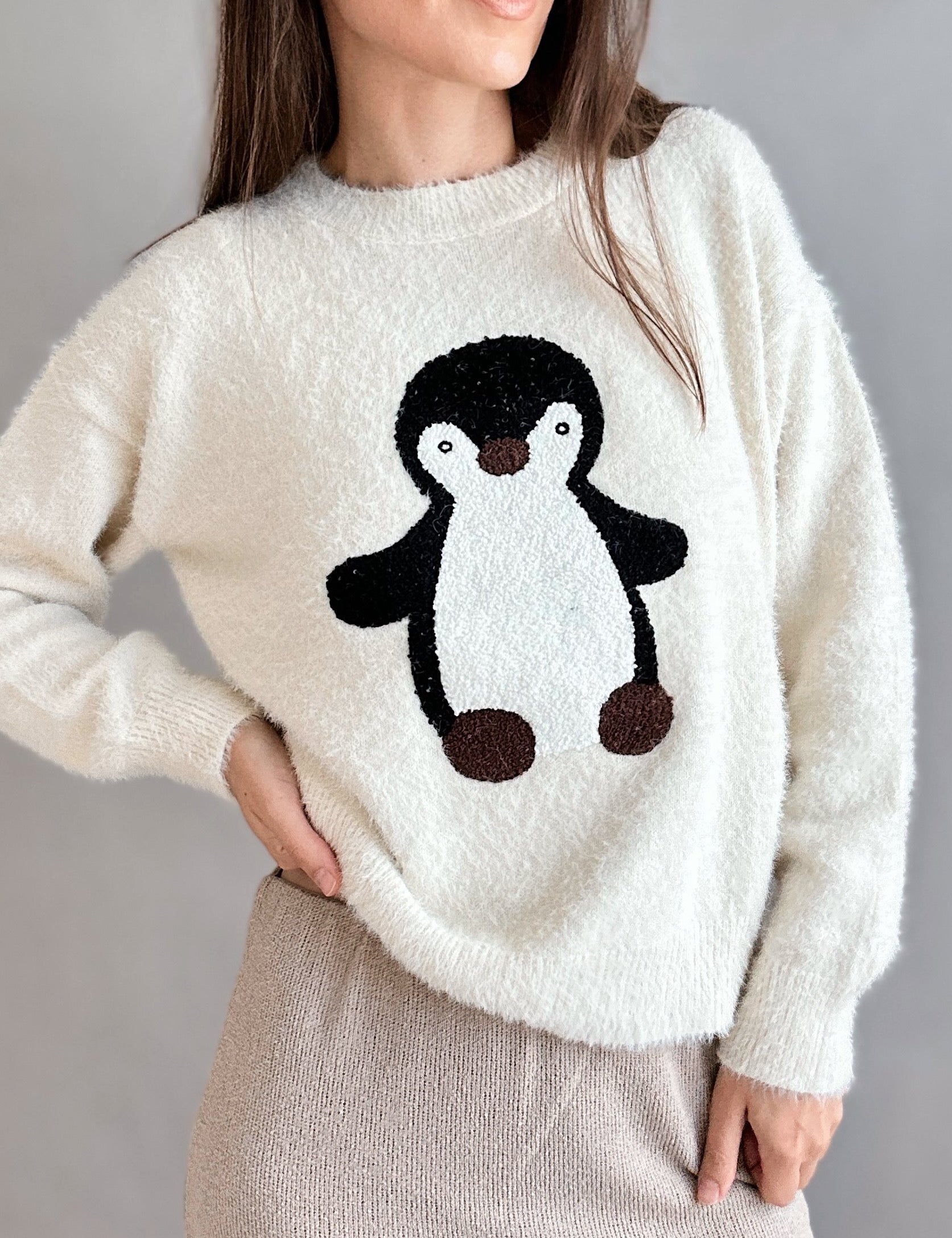 Penguin Embroidered Fluffy Sweater - alldeserved.com