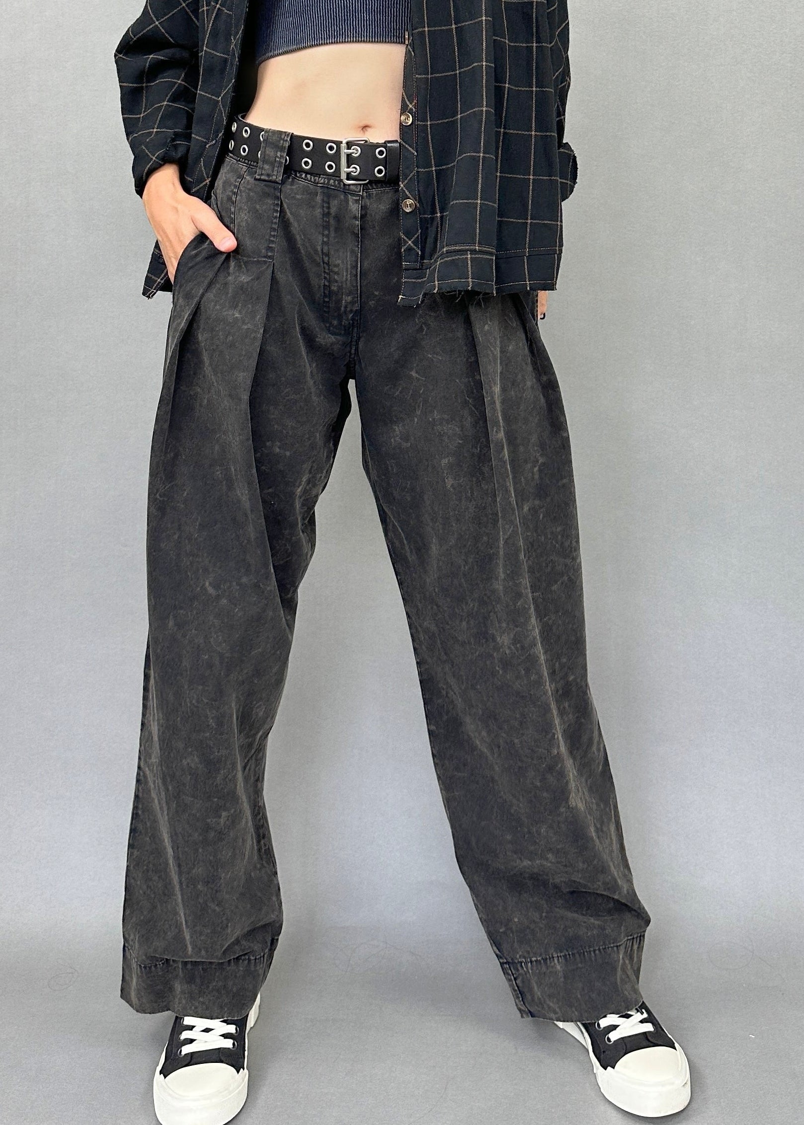 Tailored Pleated Barrel-Leg Pants - front view