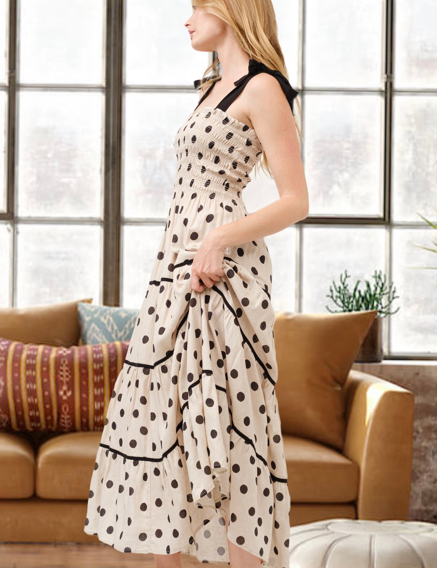 Aston Beige Polka Dot Smocked Bodice Midi Dress - alldeserved.com